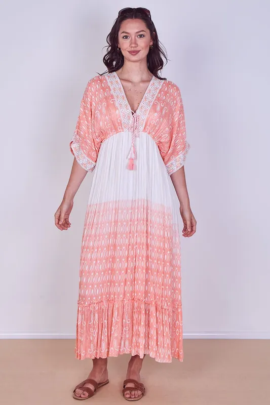 Boho Embroidered Maxi Dress with Tassel Tie - ELAINA FASHION