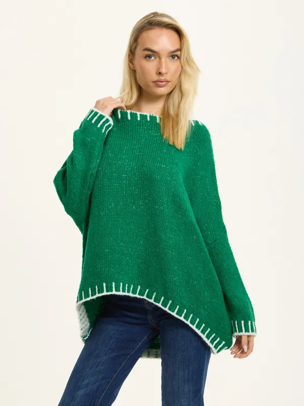 Green Wool Blend Jumper White Trim - Liquorish