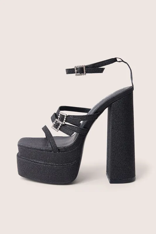 Disco Ball Black Buckle Embellished Detail Platform Heels - Public Desire