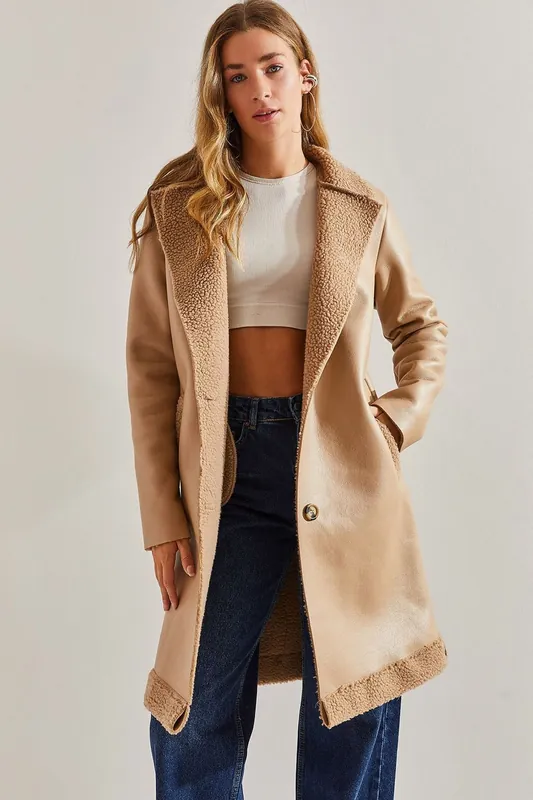 Long Faux Leather Coat with Shawl Collar - Bianco Lucci