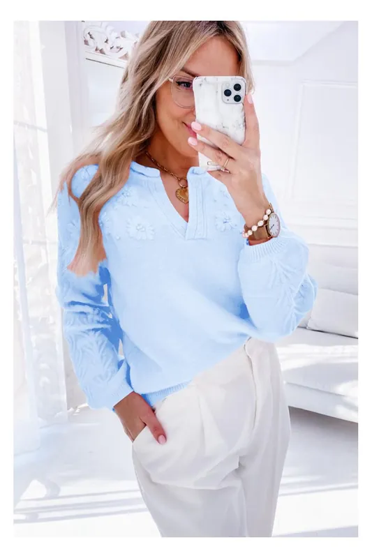 Embroidered V-Neck Knit Top