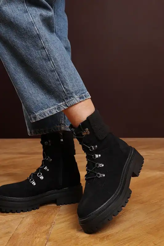 Una' Suede Lace-Up Ankle Boots with Faux Fur Trim and Chunky Sole