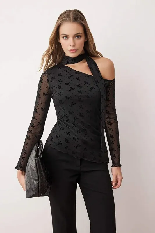 Floral Asymmetric Neck Fitted Tulle Knit Blouse with Belt Detail - WOVCOR