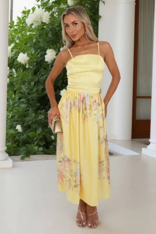 Soft Yellow Floral Print Detail Strappy Midi Dress - AX Paris