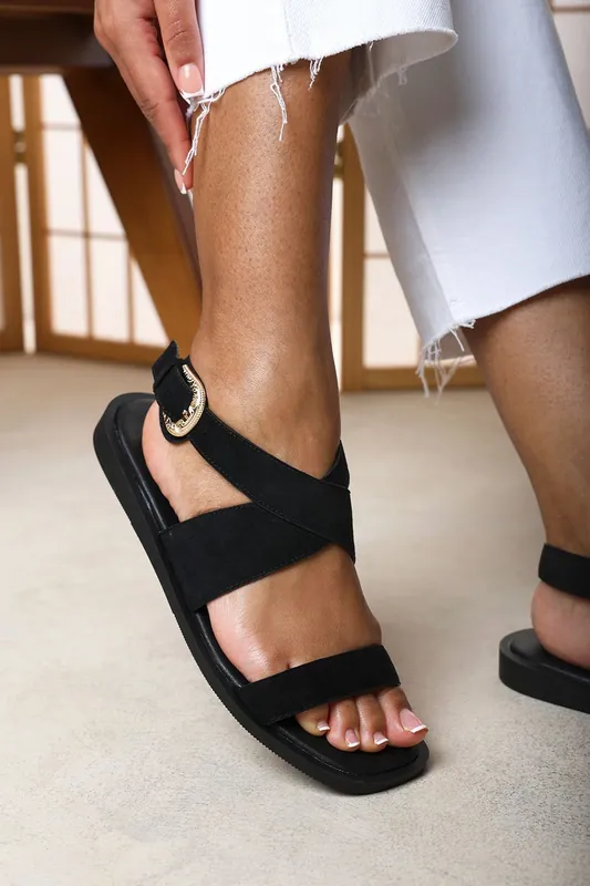 Canopy Cross Over Strap Black Suede Sandal - Where's That From