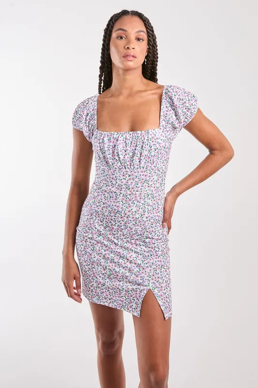 Ditsy Puff Sleeve Mini Dress - Pink Vanilla