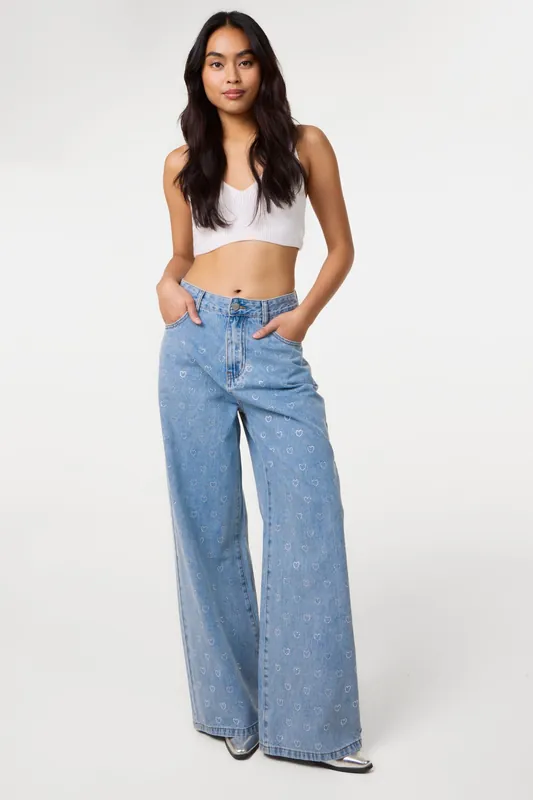Light Blue Heart Embellished Jeans - Pink Vanilla