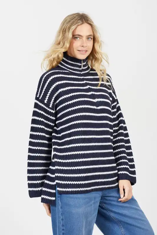 Half Zip Striped Fisherman Knit Jumper - Brave Soul