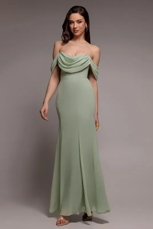 Chiffon Bardot Cowl Neck Maxi Dress - Goddiva