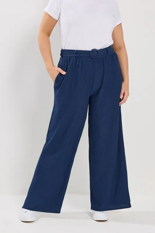 Belted Textured Wide Leg Trousers - Yours