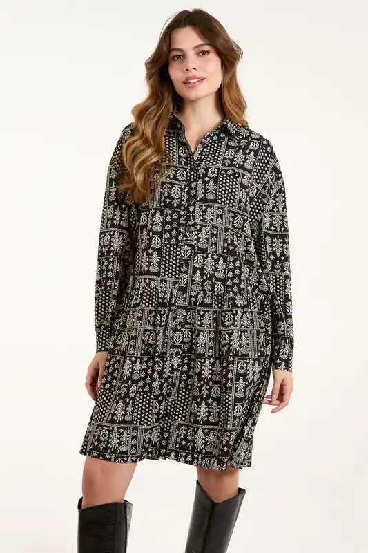 Printed Smock Shirt Dress - Blue Vanilla