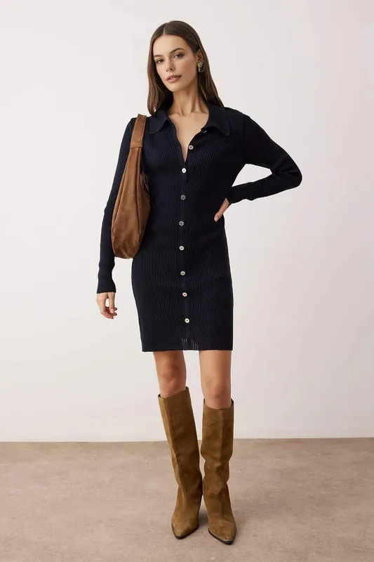 Mini Polo Collar Button Front Fitted Knit Dress - WOVCOR