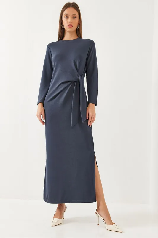 Maxi Fitted Jersey Dress with Bow Tie - Bianco Lucci