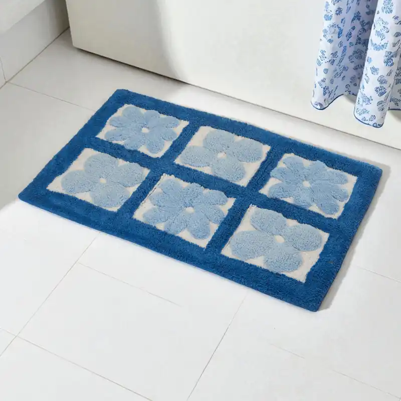 Fiore 100% Cotton Blue Floral Anti-Slip Bath Mat 800 x 500mm