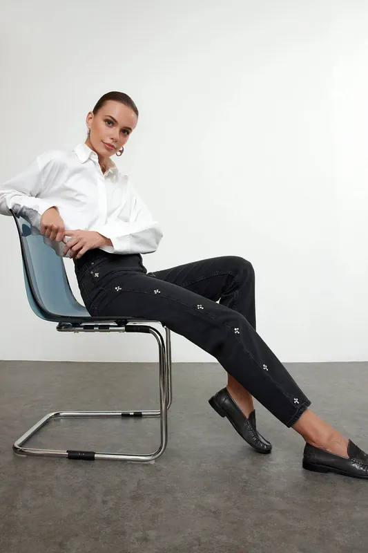 High Waist Mom Jeans With Stone Detail - WOVCOR