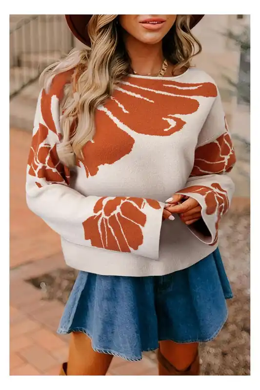 Beige Bold Flower Pattern Wide Sleeve Baggy Sweater - Everyday The Label