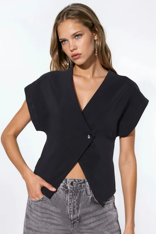 Solid V-Neck Short Sleeve Blouse with Button Closure
