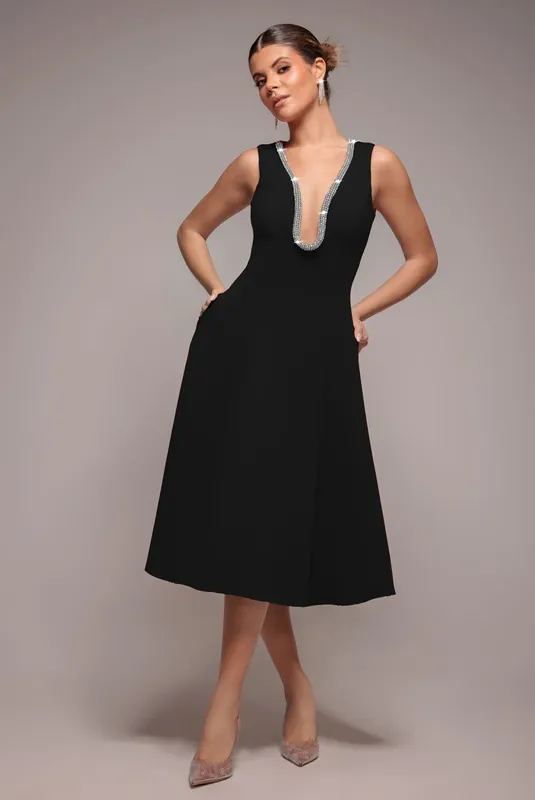 Diamante Embellished Neck A Line Midi Dress - Goddiva