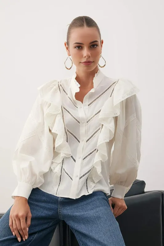 High Neck Balloon Sleeve Boho Applique Shirt - WOVCOR