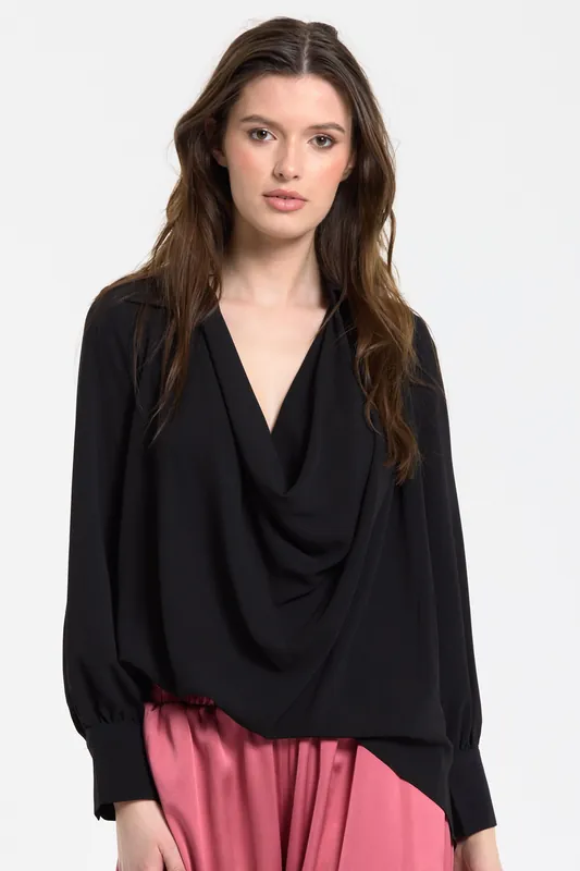 Black Draped Cowl Neck Blouse - Liquorish
