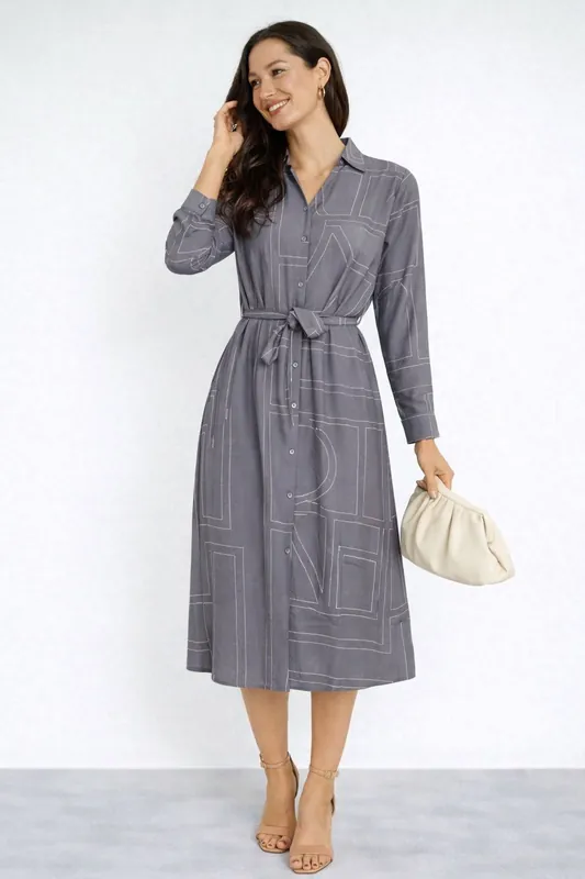Grey Modern Line Print Belted Shirt Dress - Love Sunshine