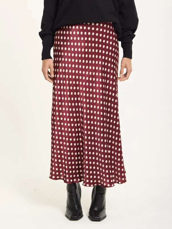 Burgundy Polka Dot Satin Midi Skirt - Liquorish