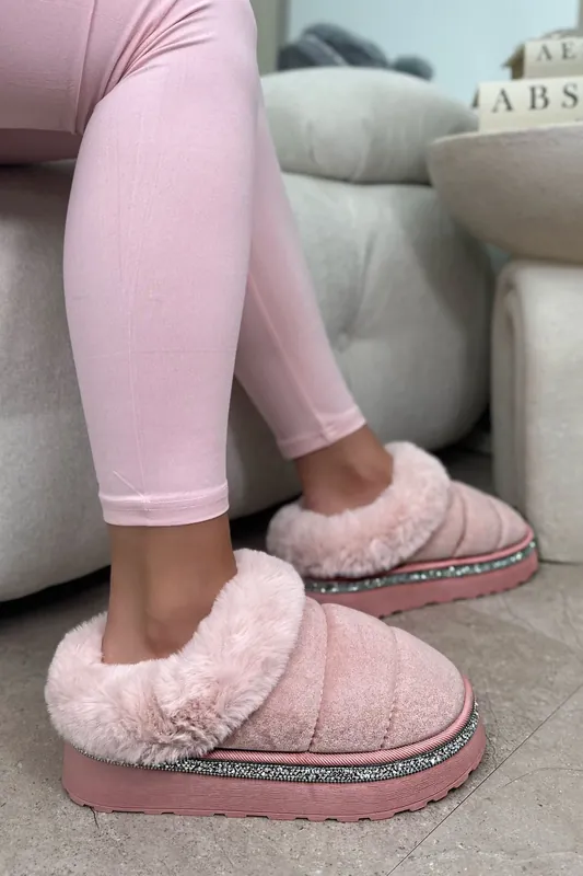 Crystal Trim Faux Fur Soft Touch Slippers - Love Lemonade