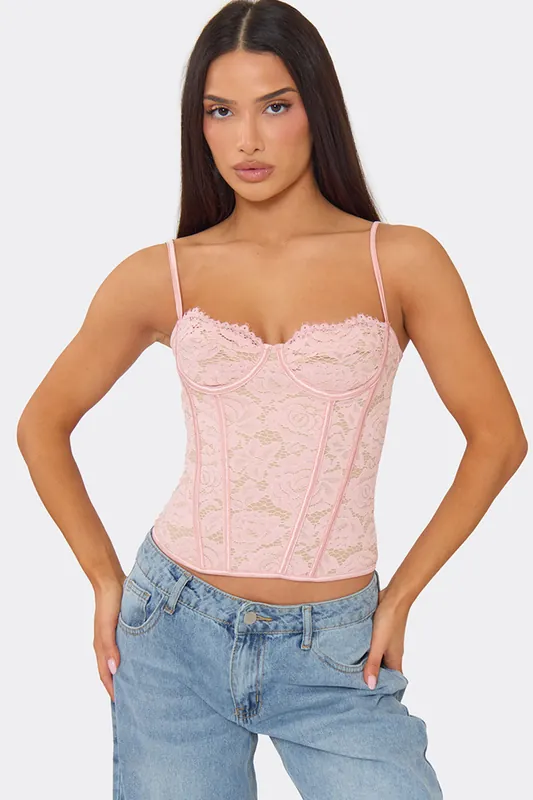 Strappy Lace Up Sweetheart Neckline Structured Lace Corset Top - EGO