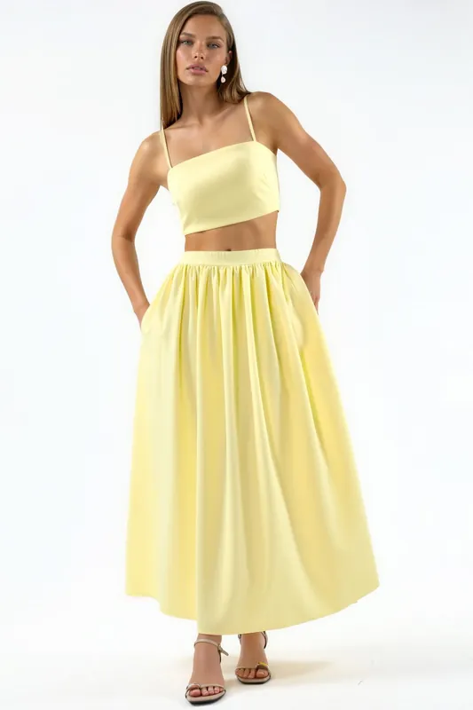 Pocket Detailed Long Skirt and Crop Top Two-Piece Set
