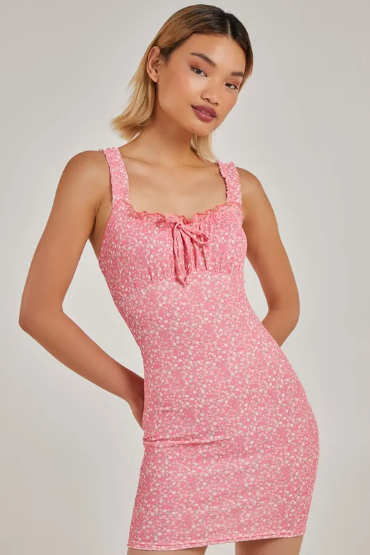 Frill Detail Ribbed Floral Bodycon Dress - Pink Vanilla