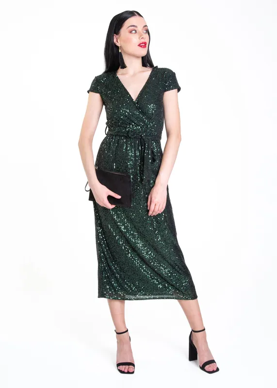 Green Sequin Belted Midi Wrap Dress - Gini London