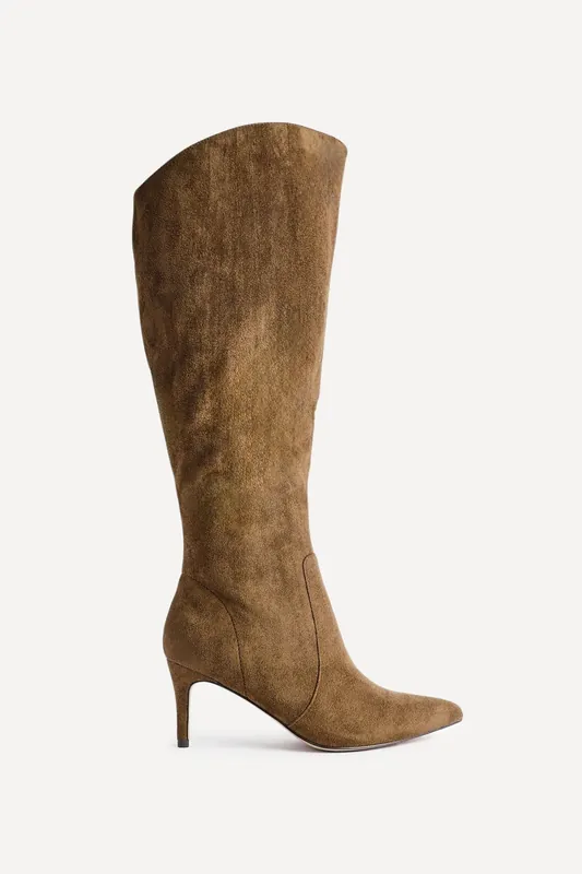 Ambition Sand Faux Suede Assymetric High Leg Stiletto Boot - Linzi