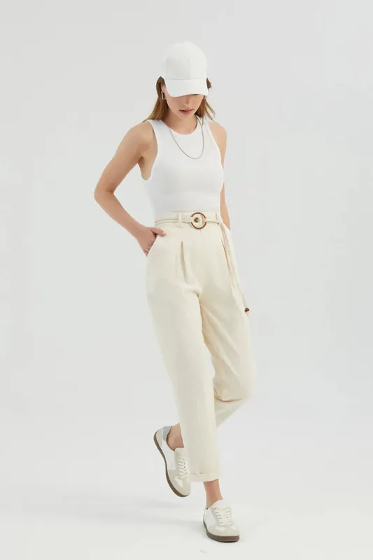 High Waist Carrot fit Trousers with a Belt Detail - Hiccup