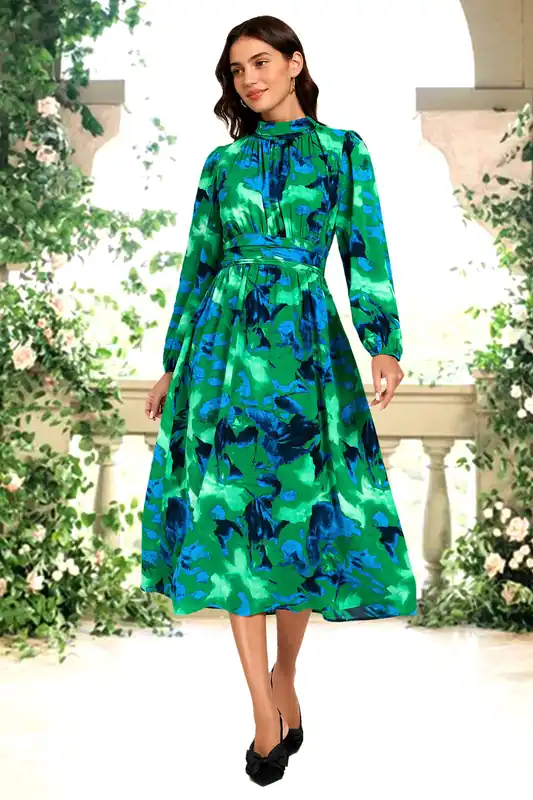 Abstract Floral Print Long Sleeve Midi Dress In Green - FS Collection