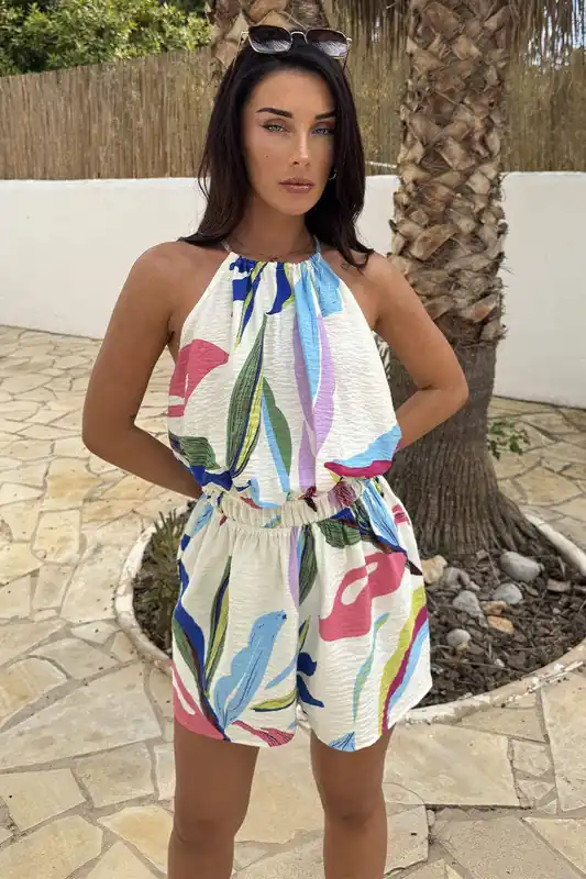 Multi Leaf Print Tie Racer Neck Shirred Waist Playsuit - AX Paris