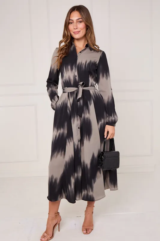 Black and Grey Tie Dye Wave Print Maxi Shirt Dress - Love Sunshine