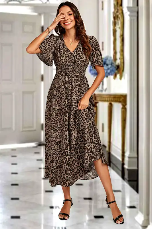 Leopard Print V Neck Midi Dress In Brown - FS Collection
