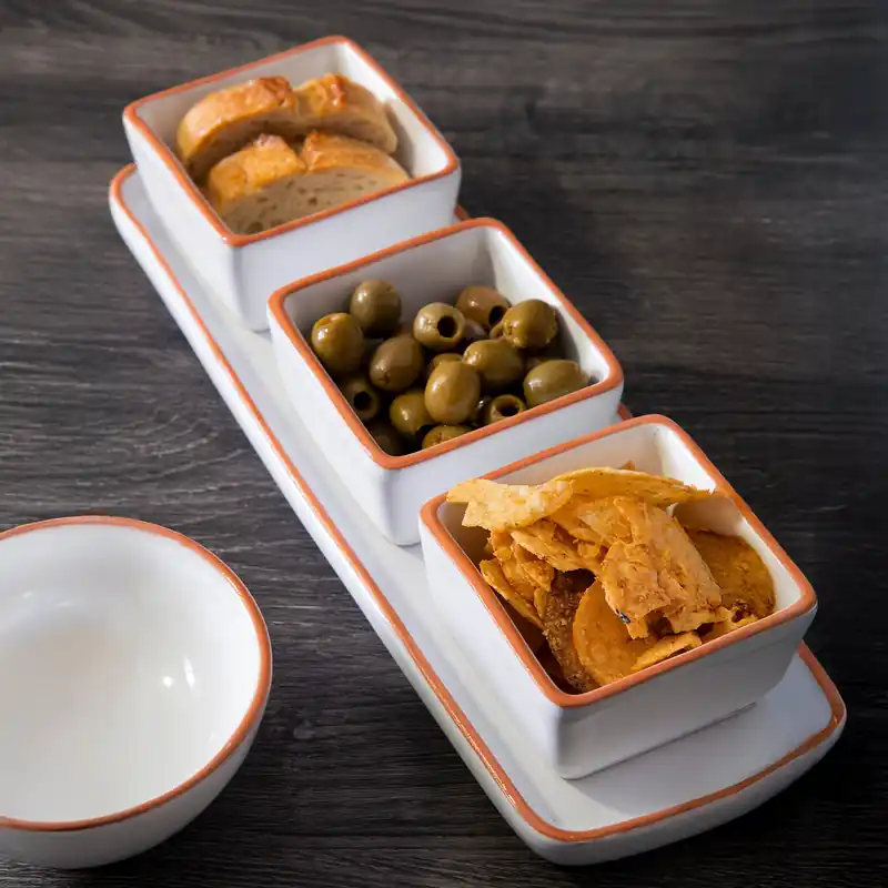 Natural Terracotta Finish 3-Pc White Dip Bowls with Tray, Ceramic Dip Bowls & Tray Set, Dip Serving Dishes