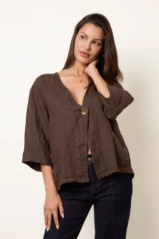 Brown One Button Linen Blazer - Blue Vanilla