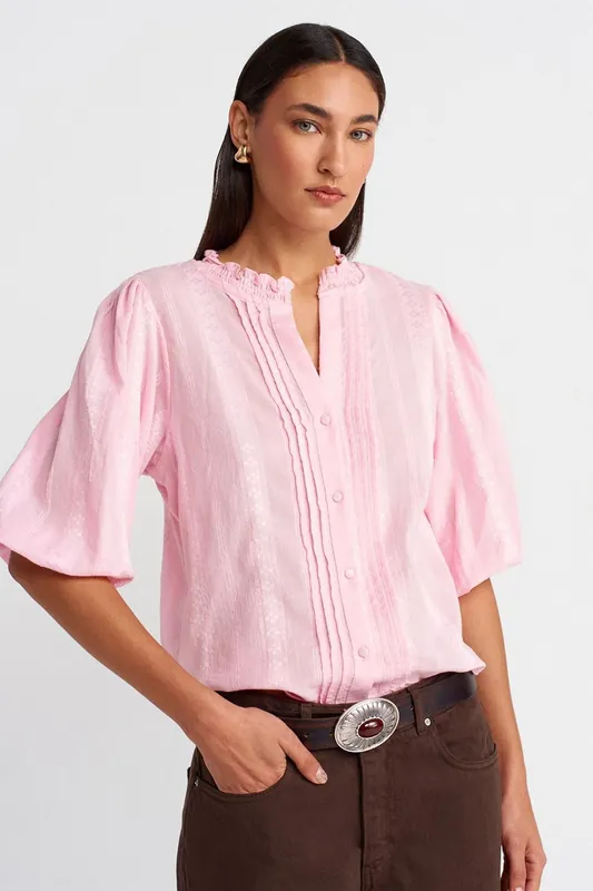 Women's Solid Mandarin Collar Woven Shirt - Dilvin