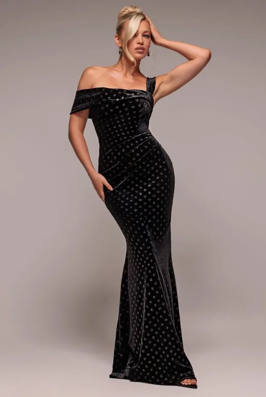 Glitter Polka Dot Velvet One Shoulder Maxi Dress - Goddiva