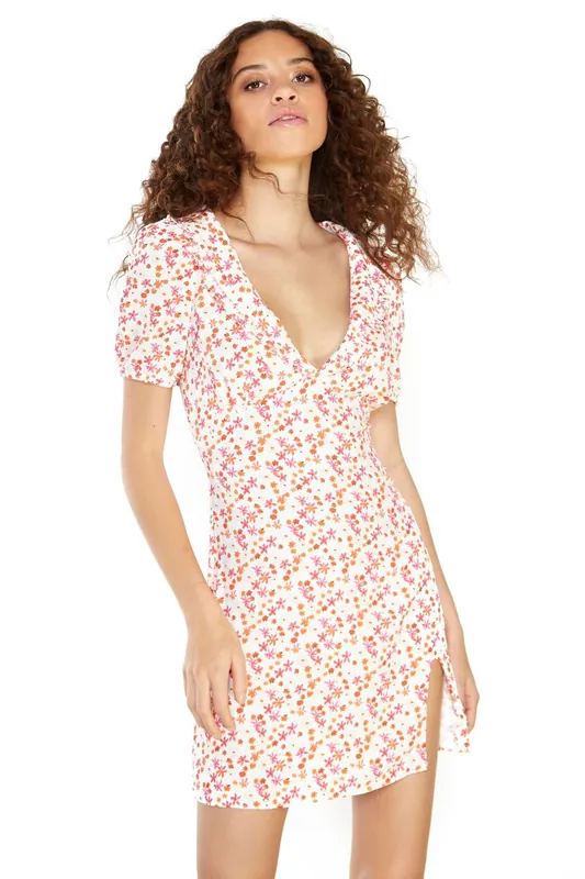 V- Neck Side Split Mini Dress