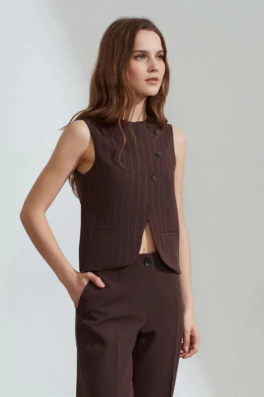 Striped Woven Waistcoat With Buttons - Dilvin