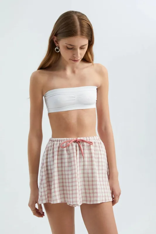 Checked High Waist Elastic Waist Drawstring Shorts - Hiccup