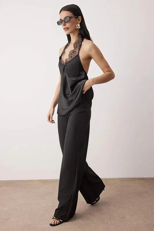Lace Trim Satin V Neck Party Blouse - WOVCOR