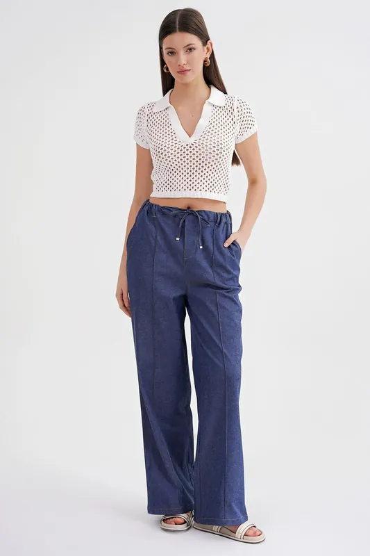 Straight Leg Drawstring Denim Looking Pants - MixRay