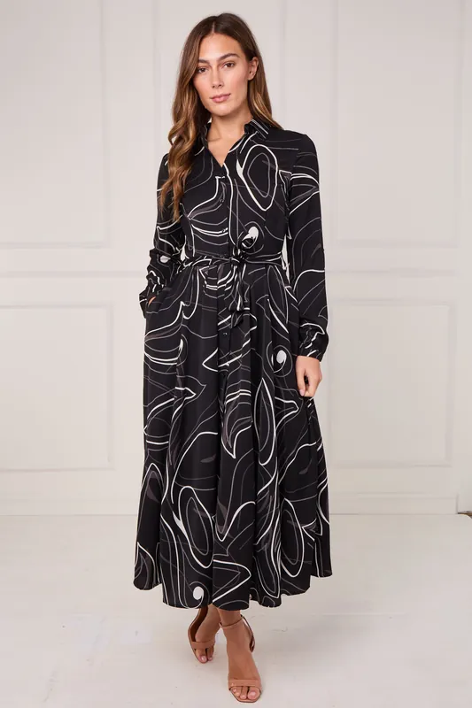 Black and Ivory Contour Print Maxi Shirt Dress - Love Sunshine