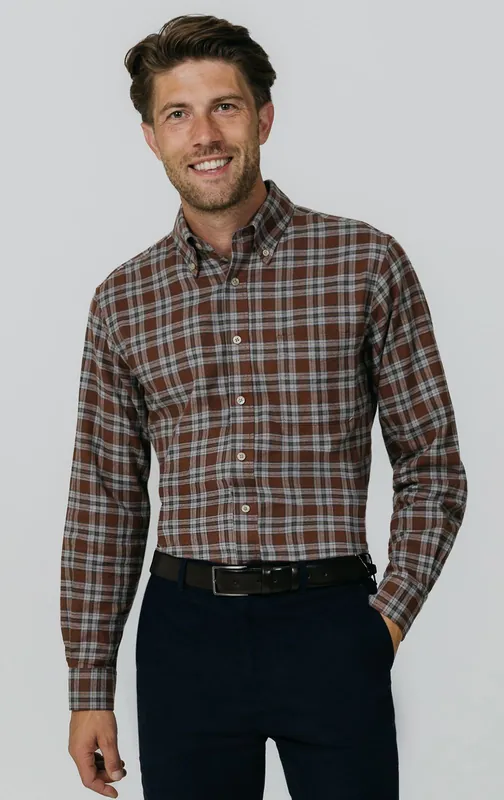 Rust and Grey Check Brushed Cotton Shirt - Dobell