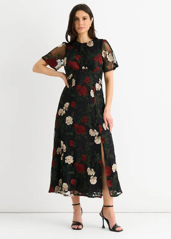 Black Angel Sleeves Embroidered Occasion Midi Dress - Gini London