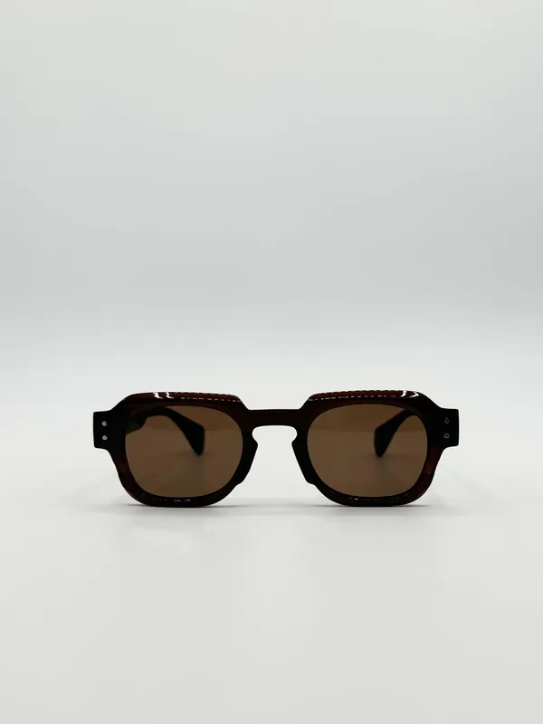 Angular Wayfarer Style Sunglasses in Brown with Green Arms - SVNX